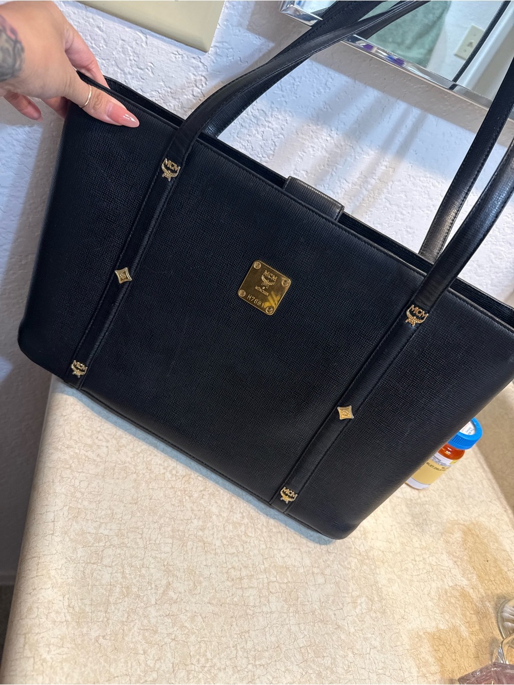 MCM Black Leather Tote with Gold Logo Plaque